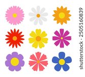 Spring flower set. Colorful flowers collection. Daisy chamomile, cornflower, sun flower chrysanthemum. Fresh and blooming elements. Growing concept. Flat design. White background. Isolated. Vector