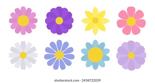 Spring flower set. Colorful flowers collection. Daisy chamomile, daffodil, sun flower, chrysanthemum. Growing concept. Fresh and blooming elements. Flat design. Isolated. White background Vector