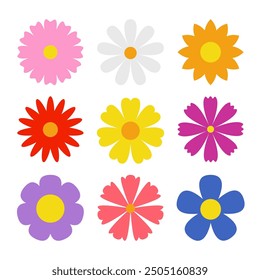 Spring flower set. Colorful flowers collection. Daisy chamomile, cornflower, sun flower chrysanthemum. Fresh and blooming elements. Growing concept. Flat design. White background. Isolated. Vector