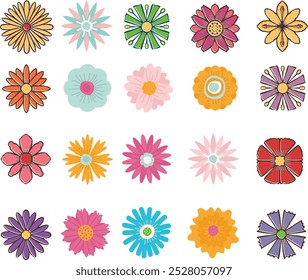 Spring flower set. Colorful flowers collection. Daisy chamomile, cornflower, sun flower chrysanthemum. Fresh and blooming elements. Growing concept. Flat design. White background. Editable vector