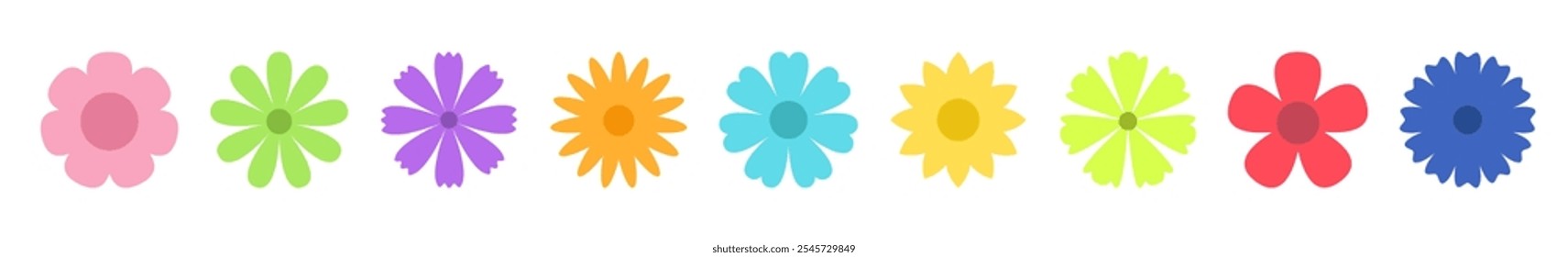 Spring flower set. Colorful flowers. Daisy chamomile cornflower, sun flower, chrysanthemum. Different shape. Growing concept. Fresh blooming elements. Flat design. White background Isolated. Vector