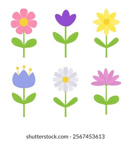 Spring flower set. Colorful flowers on a stem. Daisy chamomile, cornflower, sun flower, chrysanthemum. Fresh and blooming elements. Growing concept. Flat design. White background. Isolated. Vector