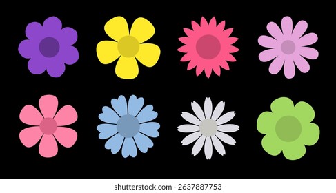 Spring flower set. Colorful flowers collection. Daisy chamomile, chrysanthemum, daffodil sun flower. Growing concept. Fresh and blooming elements. Flat design. Isolated. Black background. Vector