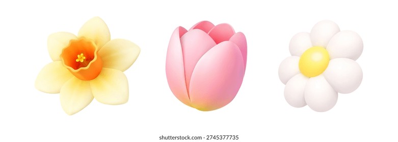 Spring flower set with daffodil, tulip and daisy. Soft 3D vector illustration isolated on white background