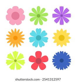 Flor de primavera. Daisy camomila, flor de milho, flor de sol, crisântemo. Coleção de flores coloridas. Elementos frescos e floridos. Conceito crescente. Design plano. Fundo branco Isolado. Vetor