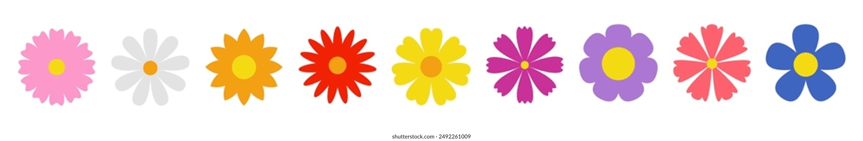 Spring flower set. Different shape. Colorful flowers. Daisy chamomile, cornflower, sun flower chrysanthemum. Growing concept. Fresh blooming elements. Flat design. White background Isolated. Vector