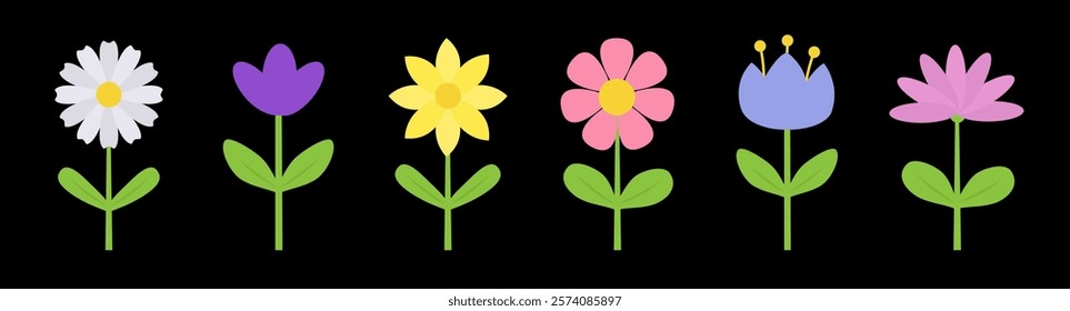 Spring flower set line. Colorful flowers on a stem. Daisy chamomile, cornflower, sun flower, chrysanthemum. Fresh and blooming elements. Growing concept. Flat design. Isolated. Black background Vector