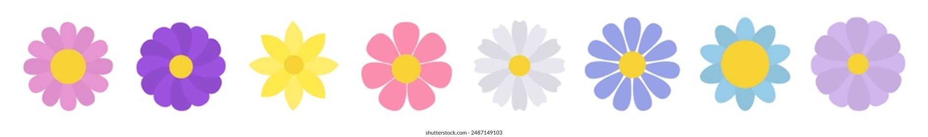 Línea de conjunto de flores de primavera. No. Margarita manzanilla, narciso, flor de sol, crisantemo. Colección de flores de colores. Concepto creciente. Elementos frescos y en flor. Diseño plano. Vector de fondo blanco aislado