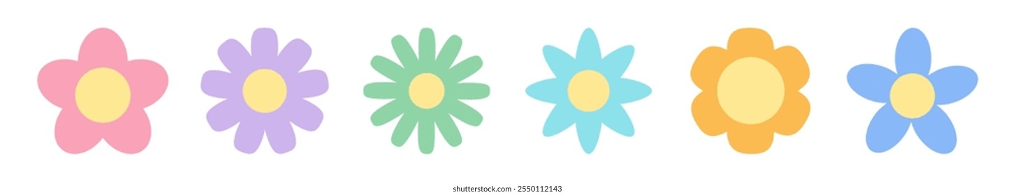 Línea de conjunto de flores de primavera. Colección de flores de color pastel. Manzanilla de margarita, flor de maíz, flor de sol, crisantemo. Elementos frescos y florecientes. Concepto creciente. Diseño plano. El fondo blanco. Vector