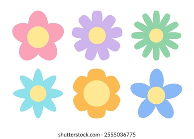 Spring flower set. Pastel color flowers collection. Daisy chamomile, cornflower, sun flower, chrysanthemum. Fresh and blooming elements. Growing concept. Flat design. White background Isolated. Vector