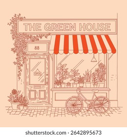 Spring flower shop bloom artwork for t shirt, green hose shop, vintage flower shop vector art. agriculture, architecture, background, beautiful, botanical, botany, building, design, environment, farm