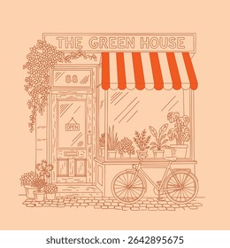 Spring flower shop bloom arte para t shirt, loja de mangueira verde, vintage loja de flores vetor arte. agricultura, arquitetura, fundo, bonito, botânica, botânica, construção, design, meio ambiente, fazenda