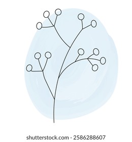 Spring flower single. Botanical line art, minimal design element. Flat vector illustration with pastel blue spot isolated on white background for Easter, banners, social media designs