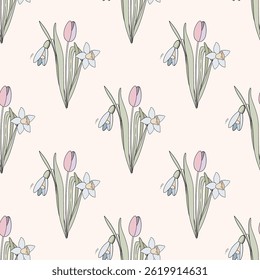 Spring Flower Snowdrops Bouquet Hand Drawn Blossom Pastel Decoration Seamless Pattern.