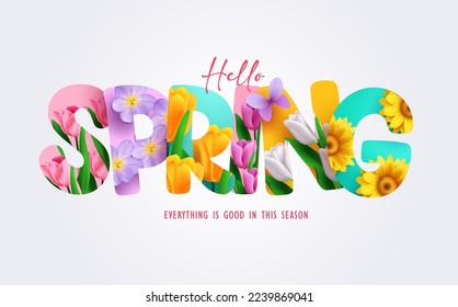 Spring flower text vector design. Hello spring text, font and letters with colorful and blooming flowers decoration elements. Vector Illustration.