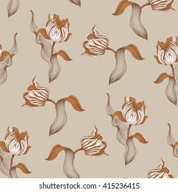 Spring flower tulip. Vector seamless floral pattern. Garden bulbous tulip flower. Illustration - template luxury packaging design, textiles, paper. Gold branches, leaves, flowers on gray background.