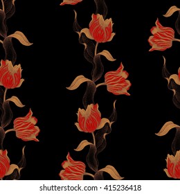 Spring flower tulip. Vector seamless floral pattern. Garden bulbous tulip flower. Illustration - template luxury packaging design, textiles, paper. Gold branches, leaves, flowers on black background.