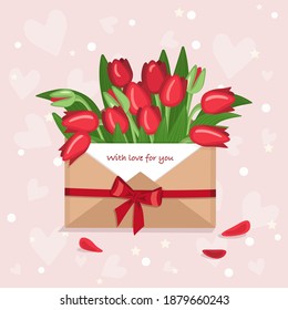 Spring flower tulips in an envelope for Valentines Day, Women Day, Mothers Day, birthday. A gift for his wife, girl, mother, grandmother, girlfriend. Vector flat illustration with romantic background