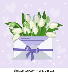 Spring flower tulips in an envelope for Valentines Day, Women Day, Mothers Day, birthday. A gift for his wife, girl, mother, grandmother, girlfriend. Vector flat illustration with romantic background