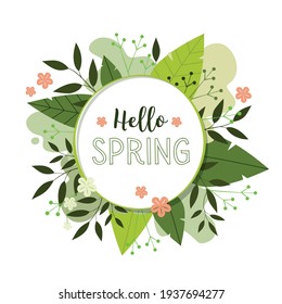 Spring flower vector background. Hello spring text in white circle frame