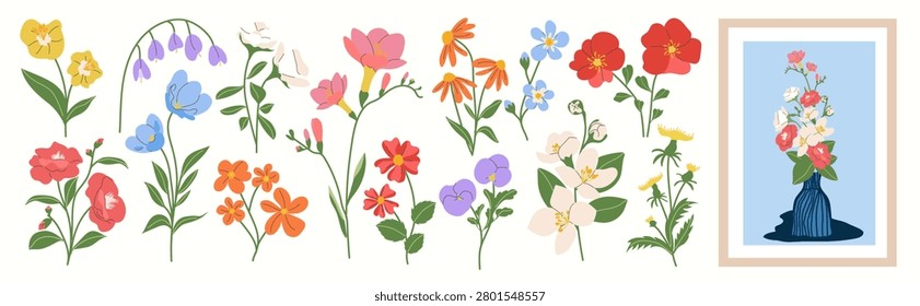 Spring flower vector elements set. Colorful flat floral clipart with wildflowers, leaves, blossoms and botanical stems for cards, invitations and nursery decoration.