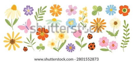Spring flower vector elements set with ladybugs. Colorful flat floral clipart with wildflowers, leaves and cute ladybug accents for cards, stickers and seasonal decoration.