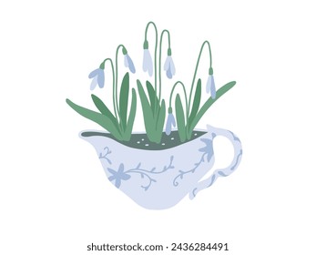 Spring flower vector illustration. Blossom snowdrops growing in flowery pattern sauceboat. Easter floral composition in vintage tureen. Snowdrop flowers in tableware. Trendy art interior home decor