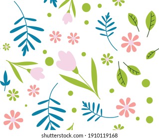 Spring flower vector pattern with lilies of the valley, pink petals, green leaves and blue twings or sprigs. It suits to website backgrounds, textile and wallpapers.