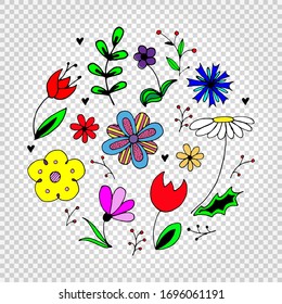 Spring flower vector set. Colored cartoon flowers, isolated. Collection of hand drawn illustrations