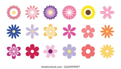 Spring flower vector set. Colorful flowers collection. Daisy chamomile, chrysanthemum, cornflower, sun flower. Flat design. Growing concept and Blooming element. White background. Isolated.
