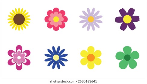 Spring flower vector set. Colorful flowers collection. Daisy chamomile, chrysanthemum, cornflower, sun flower. Flat design. Growing concept and Blooming element. White background. Isolated.
