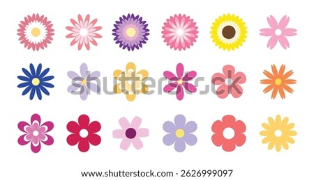Spring flower vector set. Colorful flowers collection. Daisy chamomile, chrysanthemum, cornflower, sun flower. Flat design. Growing concept and Blooming element. White background. Isolated.
