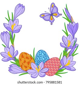 Spring flower vignette of crocuses and easter eggs. Vector elements isolated.