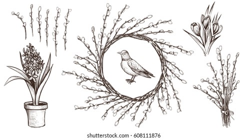 Spring flower vintage decoration set. Hand drawn vector willow wreath, branches, robin bird, crocus and hyacinth. Illustrations for circle border or frame, floral card design or invitation.