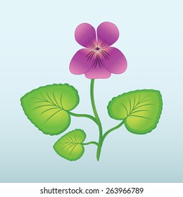 Spring flower Viola, violet. Floral icon. Yellow, violet, lilac bud with stem and leaves on light blue background. Vector isolated.