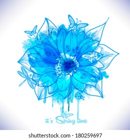Spring flower of watercolor, with butterflies and dragonflies, the author's work. Flowers pattern.