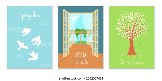 Spring flower windows. Fancy curtains. Fresh and open balcony door. Season life mood. Blossom weather. Day landscape. Flying birds. Blooming tree. Vector illustration utter posters set