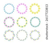 Spring flower wreaths vector collection. Set of 9 pastel floral circle frames with blossoms and leaves. Hand drawn round elements for invitations, greeting cards, and spring decor.
