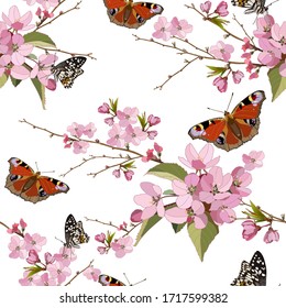 Spring. A flowering apple tree surrounded by beautiful butterflies. Easy summer composition. Blue background. Colorful stylish floral. Template for the design of print, fabric, wallpaper and box.