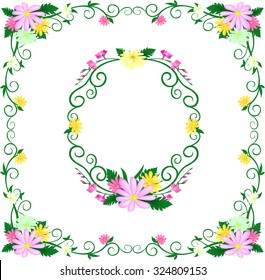 Spring flowering branches, spiral pink flowers with leaves, flower lotus blossoms Almond frame isolated on white background.