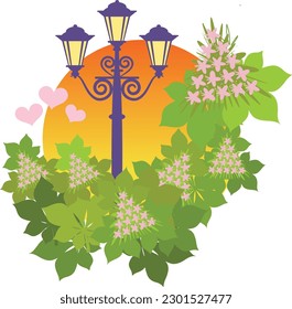 Spring flowering chestnuts and vintage lantern. Symbols of romantic dates. Vector drawing