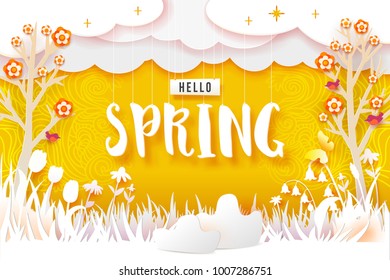 Spring flowering meadow and trees. White grass and flowers carved from white paper on a yellow background with abstract doodle ornament. Cut out of paper. Hello Spring text. Vector illustration