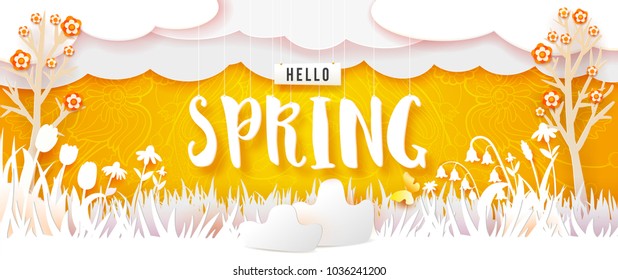 Spring flowering meadow and trees. White grass and flowers carved from white paper on a yellow background with abstract doodle ornament. Cut out of paper banner. Hello Spring text. Vector illustration