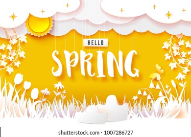 Spring flowering meadow. White flowers carved from white paper on a yellow background. Cut out of paper. Sun, clouds on sky and Hello text. Vector illustration banner