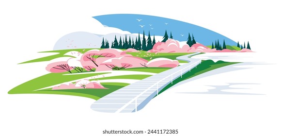 spring flowering trees on a green meadow. Flower season. Wooden path for walking. Conifers on the horizon. Vector flat illustration