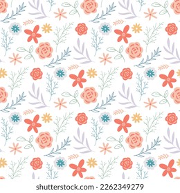 Spring flowering wild flowers and foliage seamless pattern. Delicate floral leafy background. Botanical print for textiles, paper, packaging, wallpaper and design. Flat, vector illustration