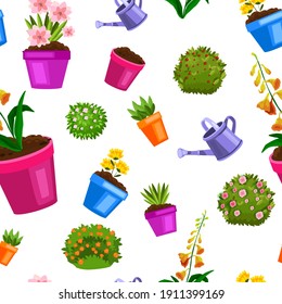 Spring flowerpot seamless floral pattern with green home plants, blooming bushes, seedling, leaves. Nature gardening summer repeat texture with watering can, blossom. Flowerpot wrapping paper design