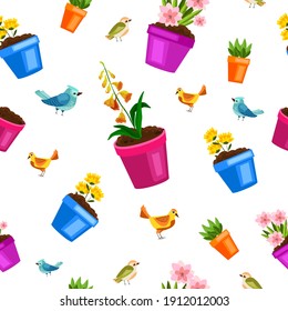Spring flowerpot seamless floral pattern with green home plants, little birds, seedling, leaves. Nature gardening summer repeat texture with blossom on white. Flowerpot wrapping paper botanical design