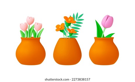 Spring flowers 3d bouquets in pots or clay vases. Plasticine flower, pink tulips and green leaves. Isolated decorative realistic vector floral elements