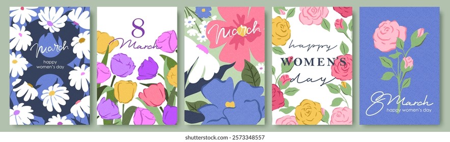 Spring flowers. 8 March, womens day, mother's day holiday cards set. Bright colorful botanical background, pattern. Roses, tulips, field flowers.